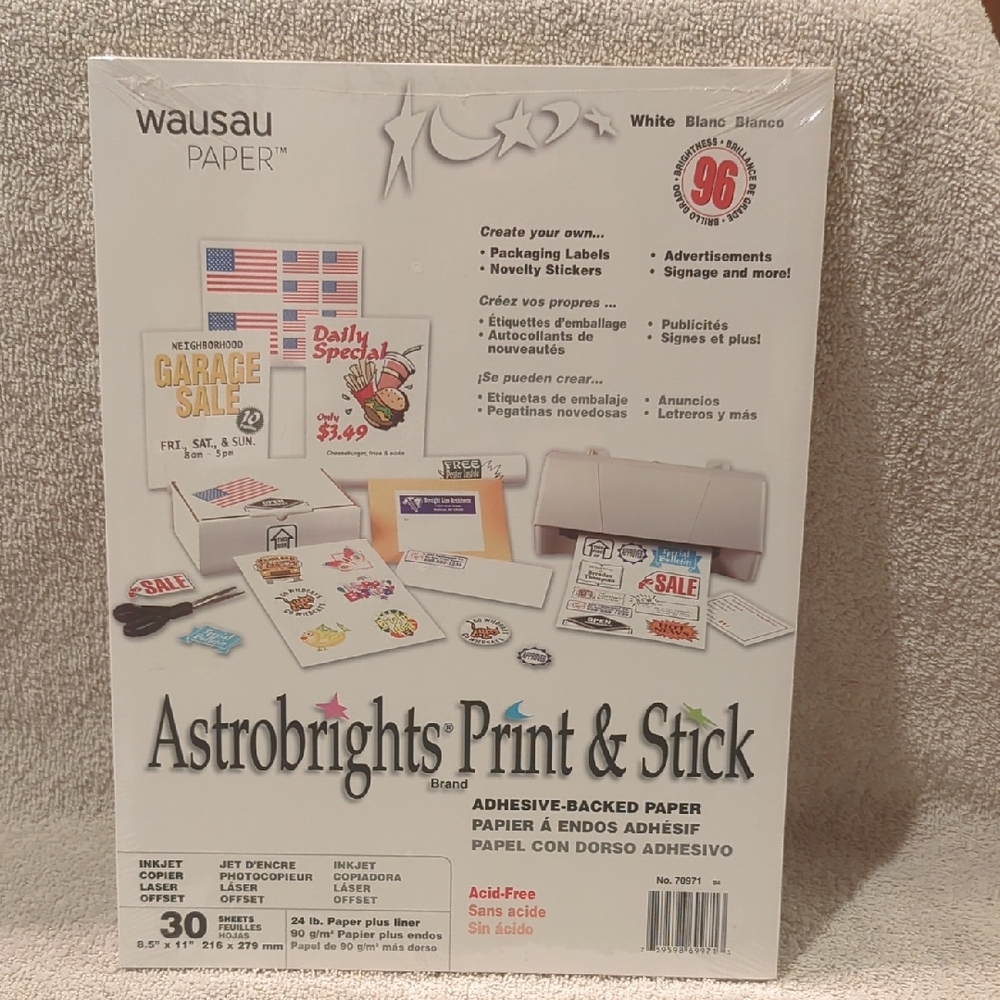 Astrobrights Print & Stick Adhesive-Backed Paper - Bright White 30 Sheets
